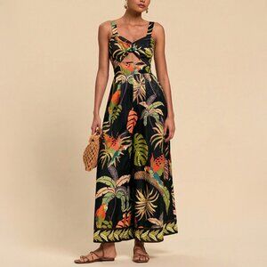 Tropical Palm Leaf Parrot Wide Leg Jumpsuit Size S